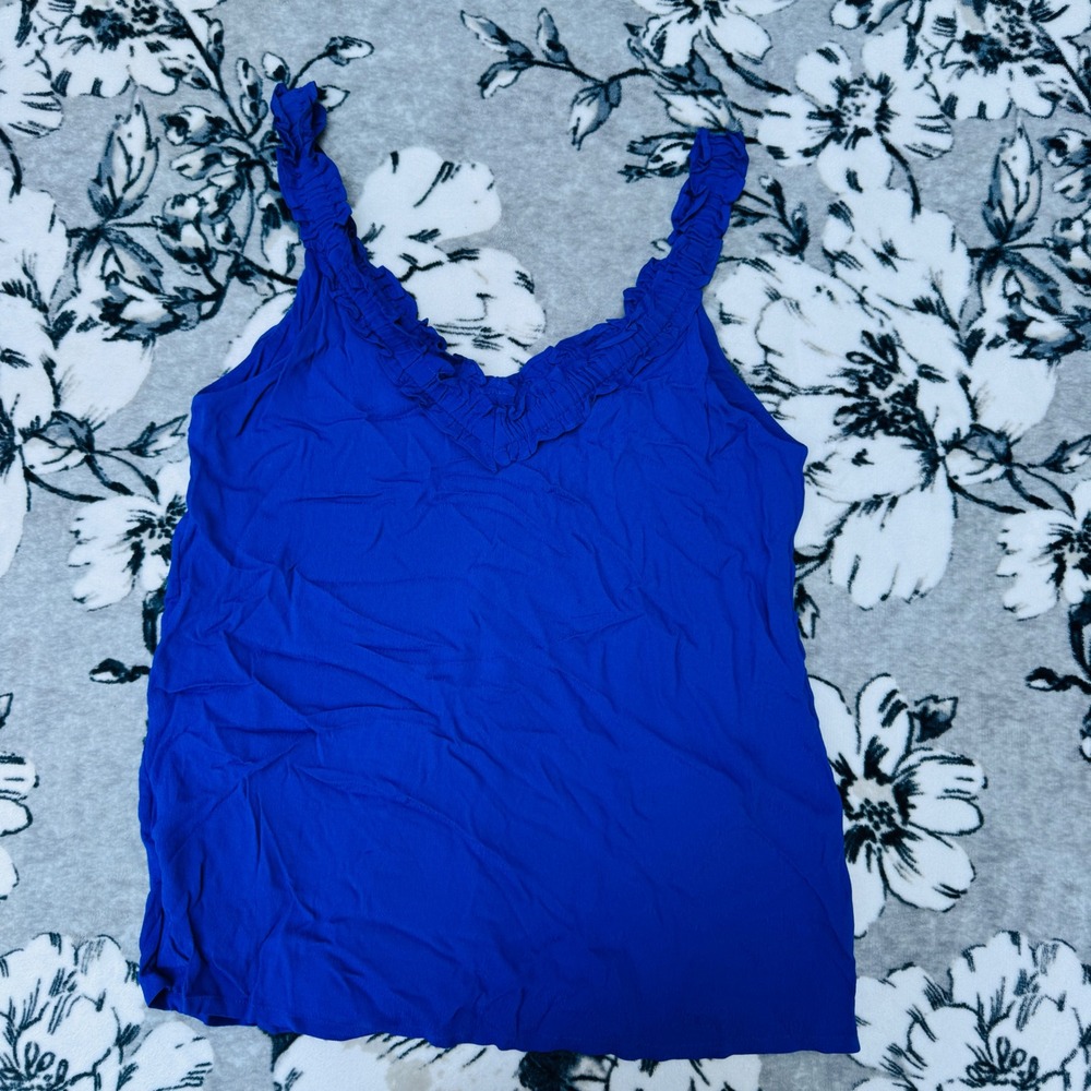 Massimo Dutti Ruffle V-Neck Tank Top Womens XS Blue New Viscose Sleeveless